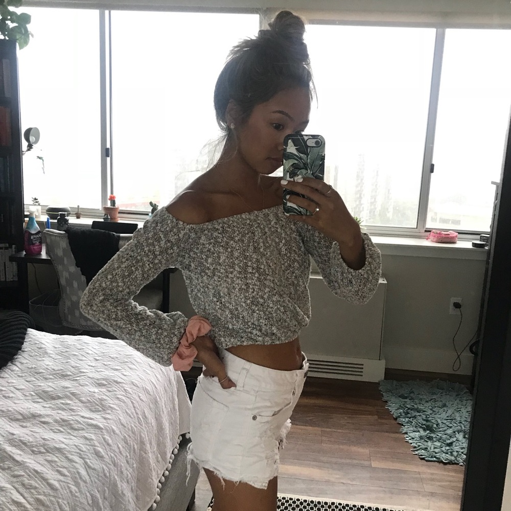 Grey Knitted Off The Shoulder Top